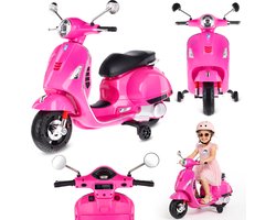 Vespa Elektrische Kinderscooter, kindermotorfiets met plastic wielen en stoel, MP3-speler, USD MicroSD AUX-aansluiting (Fuchsia - zonder kistje)