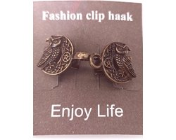 Vestsluiting - clip met haakje - 3D Uil op halve maan - in brons kleur - voor - vest - sjaal - omslagdoek