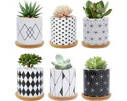 Vetplantpot van 7,5 cm, geometrisch patroon, keramische cactusplantpot, kleine plantenpot voor binnen en buiten met bamboeschotel, set van 6
