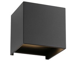 Vevio LED buiten wandlamp – Up & Down gevelverlichting – Kubus 10x10x10 cm – 6W – 3000K warm wit – IP65 – mat zwart aluminium – verstelbare lichtbundel – zonder sensor