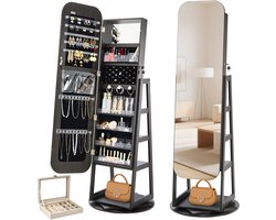 VEVOR 360° Draaibare Sieradenkast (1.6 m Hoog) met Spiegel over de Volledige Lengte en Opbergruimte, Sieradenkastorganizer met 2 Sleutels, Accessoirevakken en Opbergvakken, Sieradenopbergruimte