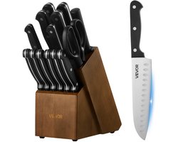 VEVOR Keukenmessenset met Messenblok (Hout) en Slijpstaaf, 15-Delige Messenset van Scherpe Messen van Hoogwaardig Roestvrij Staal, Keukengerei met Ergonomische ABS-Handgreep, voor Hobbykoks.
