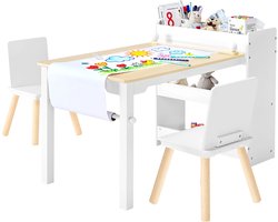 VEVOR Kindertafel met 2 Stoelen En 3-Laags Opbergkast, Teken- En Schrijftafelset voor Lezen, Leren, Tekenen En Schrijven, Kinderzitset voor Kinderdagverblijf, Knutseltafel, Speeltafel, Bureau, Wit
