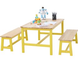 VEVOR Kinderzitgroep, Kindertafel, 2 Banken, 1 Tafel, Kinderzitgroep Van Massief Hout, Kindertafelset, Stabiel Kindermeubel, Zitmeubel voor Kinderen, Meisjes, Jongens, Speelkamer, Kindermeubelset, Geel
