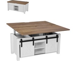VEVOR Lift Top Salontafel 100 cm, Rustieke Salontafel met Schuurdeur en Verborgen Opbergvak, Rechthoekig Hefbaar Tafelblad voor Woonkamer, Kantoor, Thuis, Woonkamertafel, Banktafel, Bruin + Wit