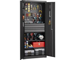 VEVOR Metalen Opbergkast, Garagekast met 2 Deuren, 2 Lades, 2 Verstelbare Planken en Gereedschapsbord, 1,8m Hoge Kast, 81,5 Kg Draagvermogen, Multifunctionele Kast voor Garage, Kantoor, Werkplaats, Zwart