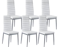 VEVOR Moderne Eetkamerstoel, 6 Stuks, Elegante Gestoffeerde Leren Stoel (Draagvermogen 136kg) voor Eettafels, Ruimtebesparende Keukentafelstoel met Dikke Kussens en Metalen Poten, Witte Cafetariastoel