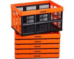 VEVOR Opvouwbare Opbergdozen 45L, Set van 6, Stapelbare Opvouwbare Manden met Handvatten, 15kg Draagvermogen per Doos, Opvouwbare Krat, voor Huishoudelijke Organisatie, Oranje-Zwart