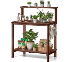 VEVOR Plantentafel, Tuintafel, Werktafel voor In De Tuin met Groot Houten Blad, Planken en Haken, Bloementafel, Verpottafel voor Buiten Op Terras en In de Tuin, Plankmodel, Bruin, 91x49,5x108,5cm