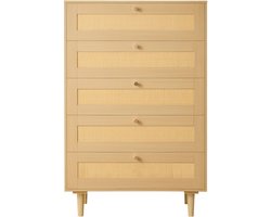 VEVOR Rattan Commode met 5 Laden, metalen Handgrepen & Houten Poten, Moderne Rattan Kast voor Slaapkamer, Woonkamer, Hal (70,2x40x106,5 cm) Kledingkast, Ladekast