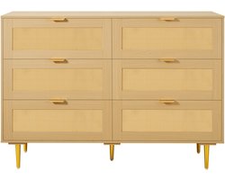 VEVOR Rattan Commode met 6 Laden, metalen Handgrepen en Poten, Moderne Rattan Kast voor Slaapkamer, Woonkamer, Hal (120 X 39,5 X 85,4 cm) Kledingkast