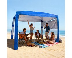 VEVOR Strandcabana, 2,4 X 2,4 M Strandtent met Zijwanden, UPF 50+ Zonbescherming, Strandpaviljoen met Zandzakken, in Hoogte Verstelbaar en Draagbaar Zonnescherm voor Familie en Vrienden, Blauw