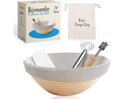 Vexi retail Rijsmandje Ø 23 cm - Broodbakken - Banneton - Rijsmandje Brood - Rijsmand Rond - Zuurdesem starter set - incl Linnen hoes - Broodsnijder met 5 Mesjes - Deegschraper - Deeggarde - Broodzak