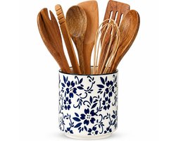 VHV - Bestekhouder - Keukengerei houder - Bestekpot - Keramiek - Landelijk design - Voor aanrecht en keuken - Bloemenprint - 14 cm - Blauw en wit