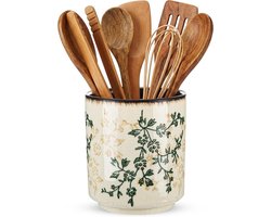 VHV - Bestekhouder - Keukengerei houder - Bestekpot - Keramiek - Landelijk design - Voor aanrecht en keuken - Bloemenprint - 14 cm - Groenbruin