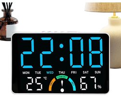 VHV - Digitale klok - LED klok met groot blauw display - Tijd, dag, temperatuur en luchtvochtigheid - Voor muur, tafel, woonkamer en kantoor - Blauwe weergave
