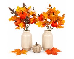 VHV-Herfstdecoratie - 2Kunstboeket - Pompoen - Halloween decoratie - 30 cm - Herfsttakken - Esdoornblad - Bessen - Tafeldecoratie - Thanksgiving - Halloween - Kunstmatig - Geel