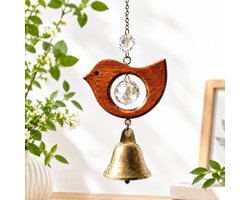 VHV - Houten vogelzonvanger - Windbel met ophangkoord - Bronzen windbel met beukenhouten en kristallen belletjes - Hangende decoratie voor tuin en raam - Tuin decoratie - Het ideal cadeau voor vrienden