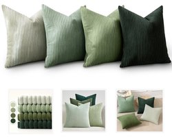 VHV - Sierkussenhoezen - Kussenhoesjes - Gestreepte kussenhoes - Kussenhoezen set van 4 - Sierkussenhoes 45x45 cm - Ribfluweel - Corduroy - Voor bank en woonkamer - Herfst decoratie - Groene combinatie