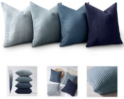 VHV - Sierkussenhoezen - Kussenhoesjes - Gestreepte kussenhoes - Kussenhoezen set van 4 - Sierkussenhoes 45x45 cm - Ribfluweel - Corduroy - Voor bank en woonkamer - Herfst decoratie - Grijsblauwe combinatie