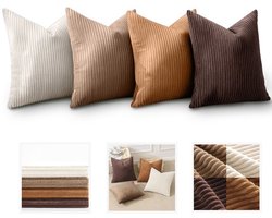 VHV - Sierkussenhoezen - Kussenslopen - Gestreepte kussenhoes - Kussenhoezen set van 4 - Sierkussenhoes 45x45 cm - Ribfluweel - Corduroy - Voor bank en woonkamer - Herfst decoratie - Koffiekleurige combinatie