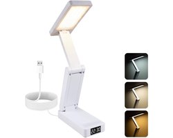VHV - Tafellamp - Draadloze LED bureaulamp - Oplaadbaar - 3 lichtkleuren en dimstanden - Met timer en klok - Leeslamp voor slaapkamer, studie en kantoor - Wit