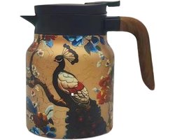 VHV - Theepot - Thermoskan - Isoleerkan - Theepot met filter - 1 Liter - Dubbelwandig - RVS - Voor warme dranken - Voor reizen en camping - Pauwenpatroon - Goud