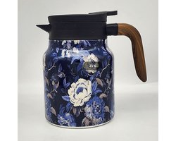 VHV - Theepot - Thermoskan - Theepot met filter - Isoleerkan - 800ml - Dubbelwandig - 12 uur warm - RVS - Voor reizen en camping - Vintage Bloemen - Blauw
