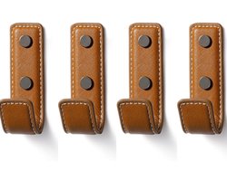 VHV - Wandhaken - Kapstokhaken - Leren haken - Lederen ophanghaken - Set van 4 - Voor handdoeken, jassen en tassen - Voor hal, badkamer en slaapkamer - Bruin