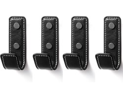 VHV - Wandhaken - Kapstokhaken - Leren haken - Lederen ophanghaken - Set van 4 - Voor handdoeken, jassen en tassen - Voor hal, badkamer en slaapkamer - Zwart