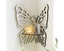 VHV - Wandplank - Hoekplank - Zwevende plank - Vlinder vorm - Houten wanddecoratie - Wandmontage - Voor slaapkamer, woonkamer en badkamer - Decoratief - 23*28cm - Wit