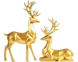 VHV - Woondecoratie - Hert decoratie - Geometrisch beeldje - Set van 2 - Kunsthars - Modern - Voor woonkamer, kantoor en kast - Luxe decoratie - Cadeau idee - Goud