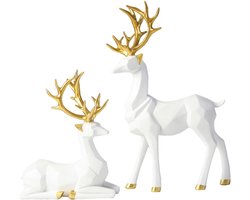 VHV - Woondecoratie - Hert decoratie - Geometrisch beeldje - Set van 2 - Kunsthars - Modern - Voor woonkamer, kantoor en kast - Luxe decoratie - Cadeau idee - Wit