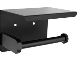 Via Fectio® WC rolhouder met plankje - Telefoonhouder - Zelfklevend - Boren - WC Papierhouder - Zwart - RVS