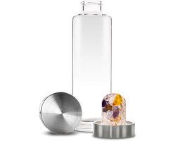 ViA PRANA Black Yoga-waterfles - met edelstenen - 1 stuk - glas en roestvrij staal