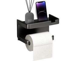 VibeGoods Wc Rolhouder Zwart met Opbergruimte Zelfklevend - RVS Wc Rolhouder met Plankje - Zwarte Toiletrolhouder Zonder Boren - Opbergruimte Wcrolhouder