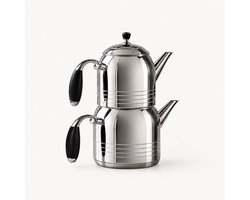 Vicalina Çaydanlık Theepotset 1,4 L + 2,2 L – Dubbele RVS Turkse Theepot – Met Geïntegreerde Theefilter – Hoogglans Zilver/Zwart – Vaatwasserbestendig – Turkse Theemaker voor Thee & Dagelijks Gebruik - Hoogwaardig RVS - 18/10 - 18/10 RVS - Demlik