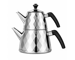 Vicalina Turkse Theepot Set 1L + 2,5L - Dubbele Theepot RVS 18/10 - Caydanlik - Çaydanlık - Samovar - Semaver - Cayci - Theemaker met Theefilter - 2 Deksels - Inductie en Gas - Roestvrij Staal - Zilver - Koudgrepen - Traditionele Turkse Theeketel Set