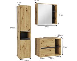 Vicco Badkamermeubelset Viola, Artisanaal eiken/Grijs, 3-delig