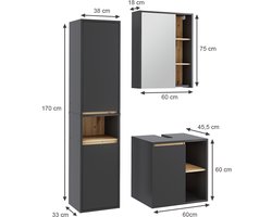 Vicco Badkamermeubelset Viola, Grijs/Artisanaal eiken, 3-delig