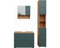 Vicco Irma Badkamermeubel set – 3-delig, met ladeblok en hoge kast Groen/gouden eik