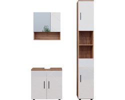 Vicco Irma Badkamermeubelset – 3 delen, met hoge unit Wit hoogglans/goud power eiken