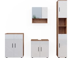 Vicco Irma Badkamermeubelset – 4 delen, met hoge kast en commode Wit hoogglans/goud power eiken