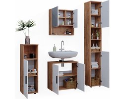 Vicco Irma Badkamermeubelset – 4 delen, met hoge kast Wit hoogglans/goud power eiken