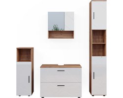 Vicco Irma Badkamermeubelset – 4 delen, met ladeblok en hoge kast Wit hoogglans/goud power eiken