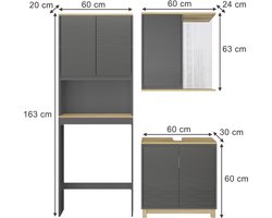Vicco Livia Badkamermeubelset – 3 delen Antraciet/eiken