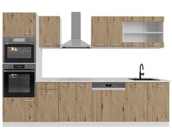 Vicco R-Line Complete keukeneenheid – 300 cm met hoge kast, met marmeren werkblad Artisanaal eiken/wit