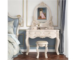 Victoriaanse kaptafel, wit, 80 cm, met LED-spiegel, 4 lades en gestoffeerde kruk – Barokke kaptafel voor meisjes-, vrouwen- en prinsessenkamers