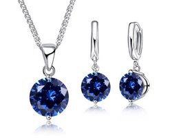 Victorious Set Dames Ketting en Oorbellen – Blauw Bergkristal – Zilverkleurig – 45cm