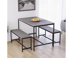 Vida Designs Roslyn Eettafel voor 4 personen met 2 banken, 3-delige set, eetkamermeubels, massief metalen frame (betongrijs)